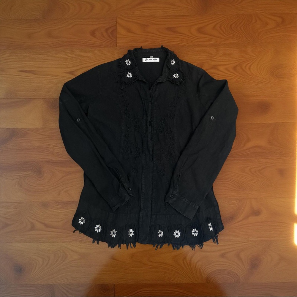 Caamano Women’s Size M Black Distressed Embroidered Peruvian Cotton Boho Top - Picture 13 of 15